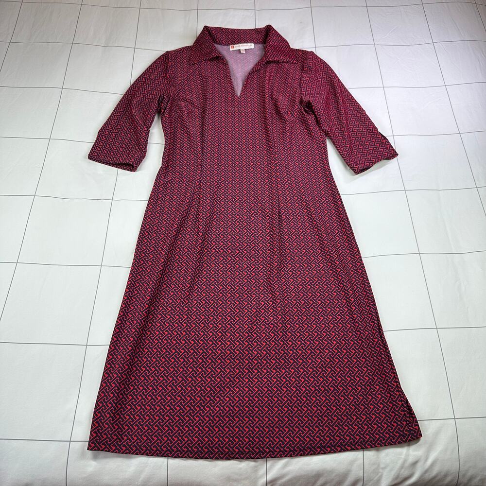 Jude Connally Dress Womens Small Red Navy Michelle Collared Stretch Geometric